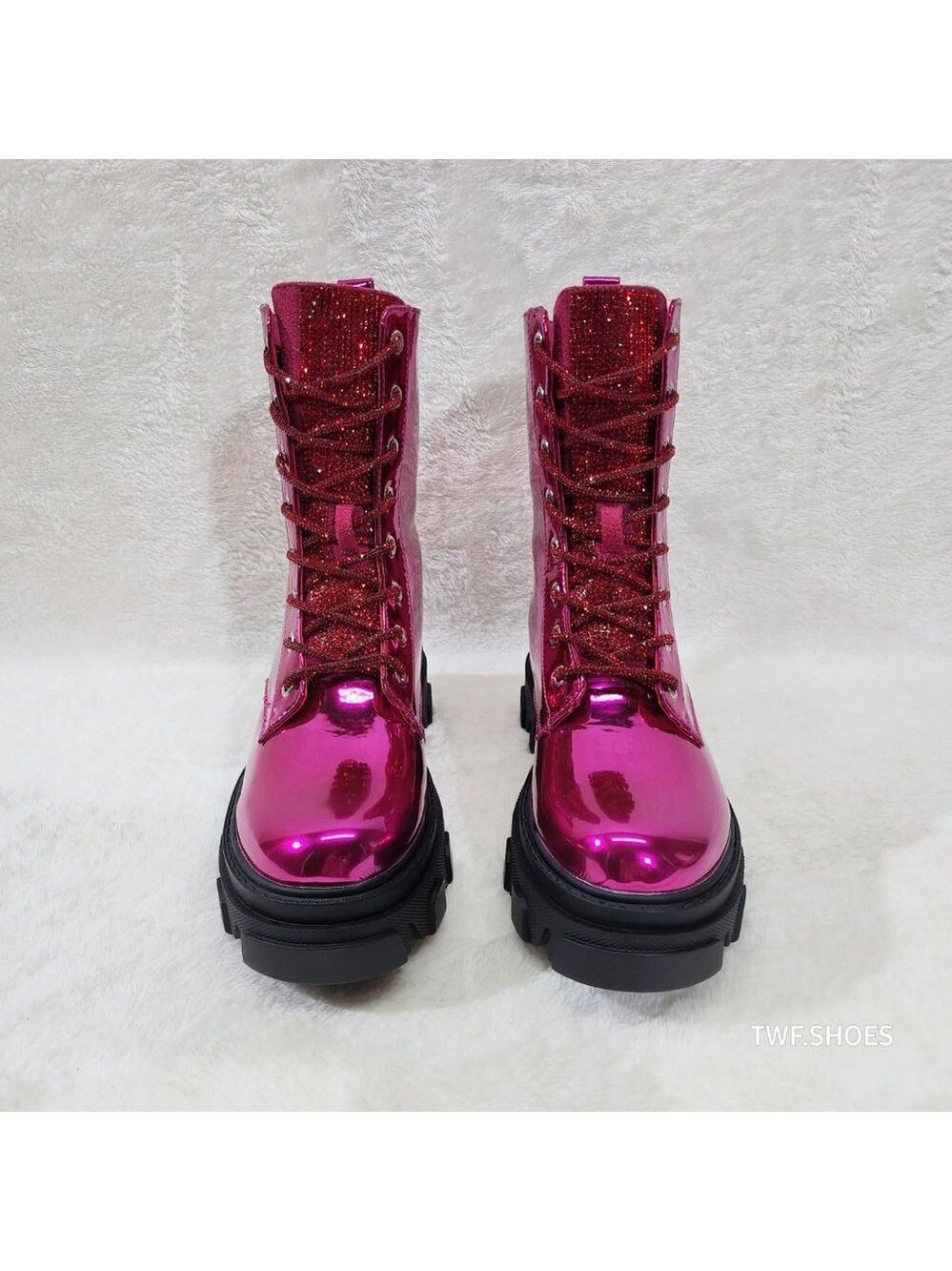 Size 6 Rowan Metallic Pink Combat Ankle Boots Rhinestone Tongue and Rope Lace - Picture 7 of 10